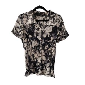 Women's Chiffon Semi Shear Black & Grey Blouse Size XL With Flutter Sleeve